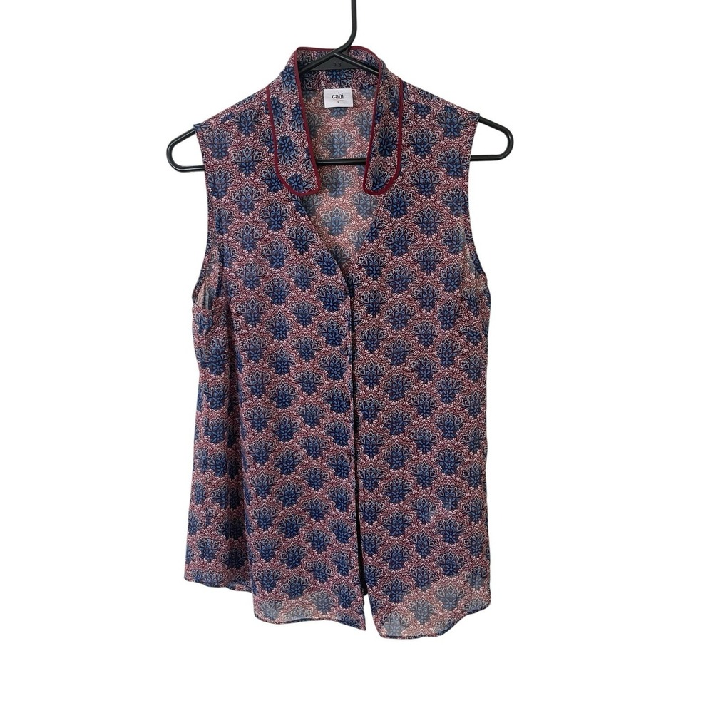 Cabi High Fan Collar‎ Sleeveless Button Front Sheer Top S Quiet Luxury Geometric